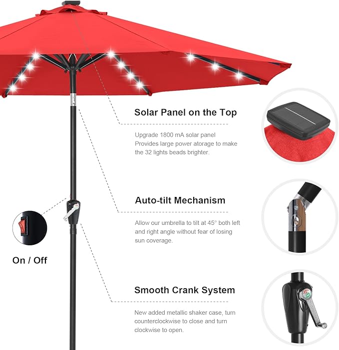 ABCCANOPY Durable Solar Led Patio Umbrellas with 32LED Lights 11FT（Red） ABCCANOPY