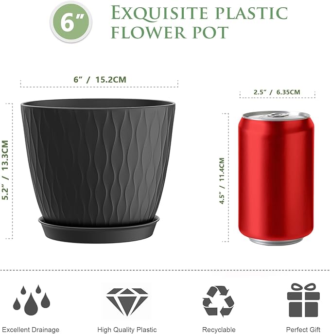 6 inch Plant Pots, 5 Pack Flower Pots with Drainage Holes and Saucers for Indoor Plants, Plastic Planters with Water Ripple for Small Garden House Plants, Nursery Pots for Succulent, Black WSMKSZ