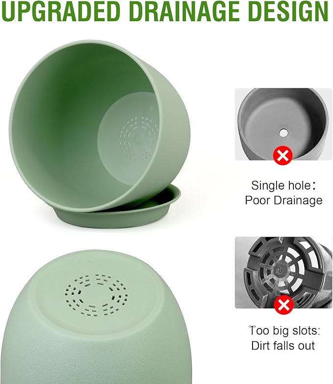 Medium Plant Pots 10/9/8 inch, Flower Pots for Indoor Outdoor Plants, Set of 3 Modern Decorative Plastic Planters with Drainage Holes and Saucers for House Porch Garden Plants, Green WSMKSZ