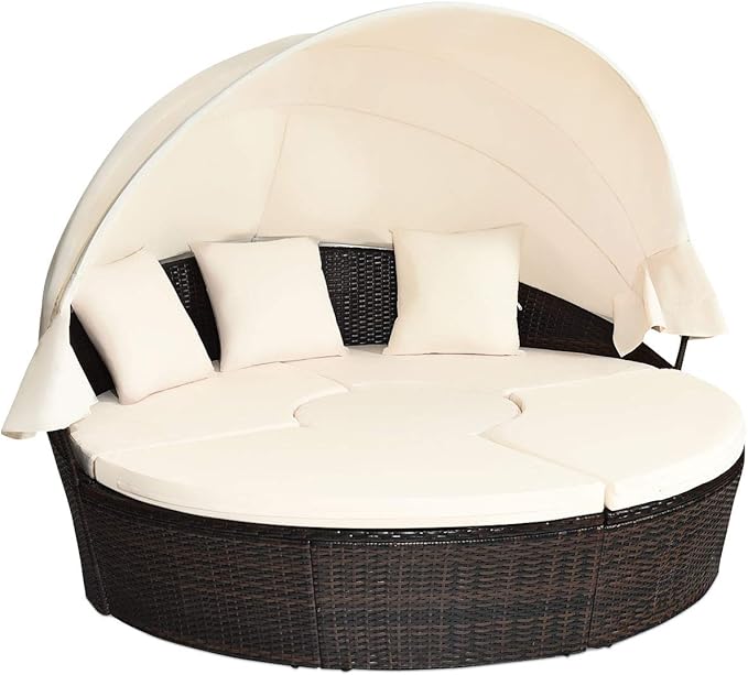 Tangkula Patio Round Daybed with Retractable Canopy, Outdoor Wicker Rattan Furniture Sets, Sectional Cushioned Sofa Set w/Height Adjustable Coffee Table, Rattan Conversation Sets (Beige) TANGKULA