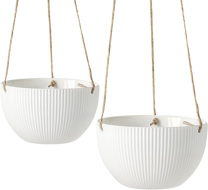 UBEE Ceramic Hanging Planters Indoor Outdoor, 7.5 Inch + 6.5 Inch Hanging Flower Pot for Plants Hanging Basket for Succulent Pothos Herbs Window Home Decor, 2 Pack, White Rootora