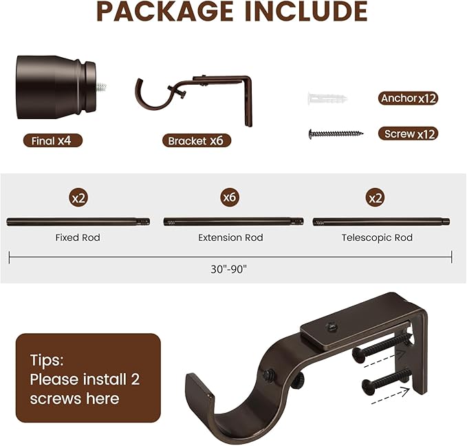 2 PACK 1” Diameter brown curtain rod Itself is 30 to 90 inch. 1 Pack Fits 30-84 inch Windows with Heavy Duty Adjustable brown curtain rods Splicing Metal Extra Long Curtain Rod Rootora