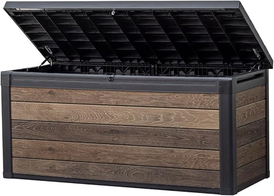 Keter Signature Collection 150 Gallon Resin Deck Box Organization and Storage Box for Patio Outdoor Cushions, Throw Pillows, Garden Tools and Pool Supplies, Walnut Keter
