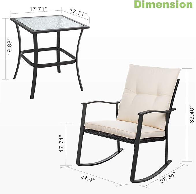 Vongrasig 3 Piece Outdoor Rocking Chair Set, PE Wicker Rattan Small Bistro Set, Front Porch Furniture Rocking Chairs Set of 2, Cushioned Patio Rocker Chair Set with Glass Table (Beige) Vongrasig