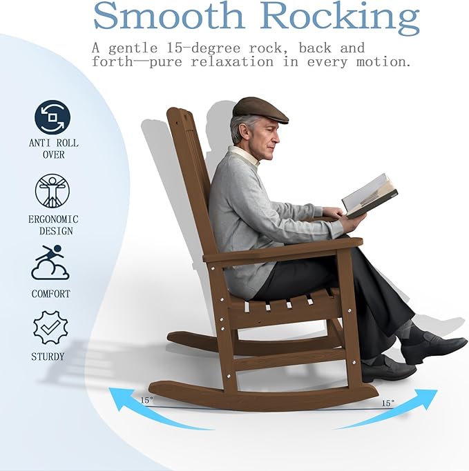 Oversized Rocking Chair, Outdoor Rocking Chair for Adults, All Weather Resistant Porch Rocker for Lawn Garden, Wood THOEOE