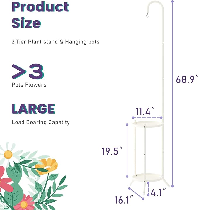 2-Tier Metal Plant Stand with Hanging Hook, Indoor Outdoor Plant Shelf,Heavy Duty Plant holder Rustproof Iron Multiple Plant Round Supports Rack for Planter Corner Garden Balcony Patio (Cream) Rootora