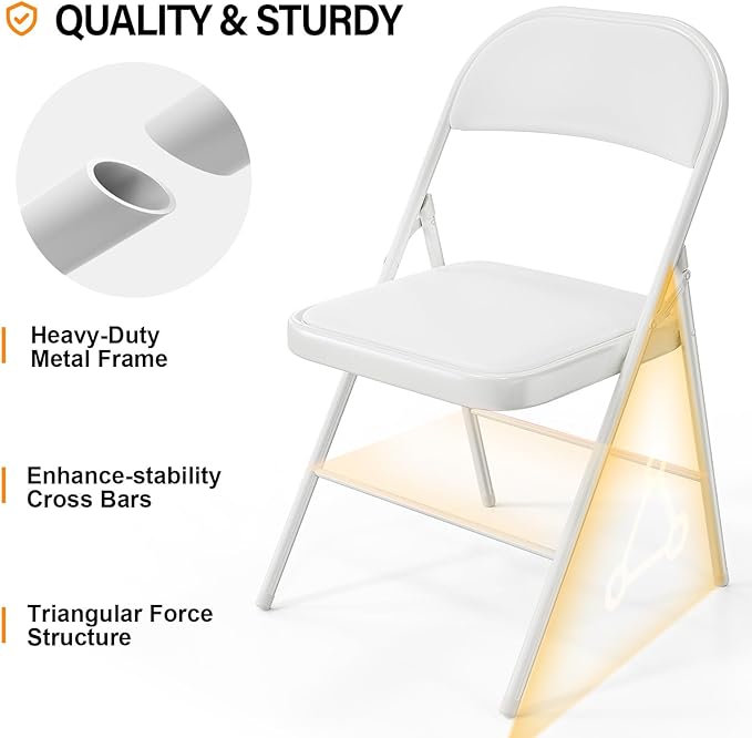 VINGLI 10 Pack Folding Chairs with Padded Seats, Metal Frame with Pu Leather Seat & Back, Capacity 350 lbs, White VINGLI