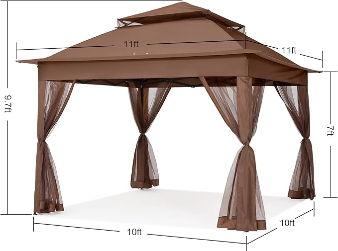 COOSHADE 11x11 Pop Up Gazebo Tent Outdoor Canopy Patio Shelter with Mosquito Netting(Brown) COOSHADE