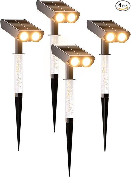 Solar Spotlights Outdoor Waterproof- 2 IN 1 Solar Spot Lights Outdoor with 2 Lighting Modes & PC Light Guide Column for Garden Yard Pathway | Warm Yellow 3000k Spotlights | IP65 Waterproof | 4 Pack Rootora