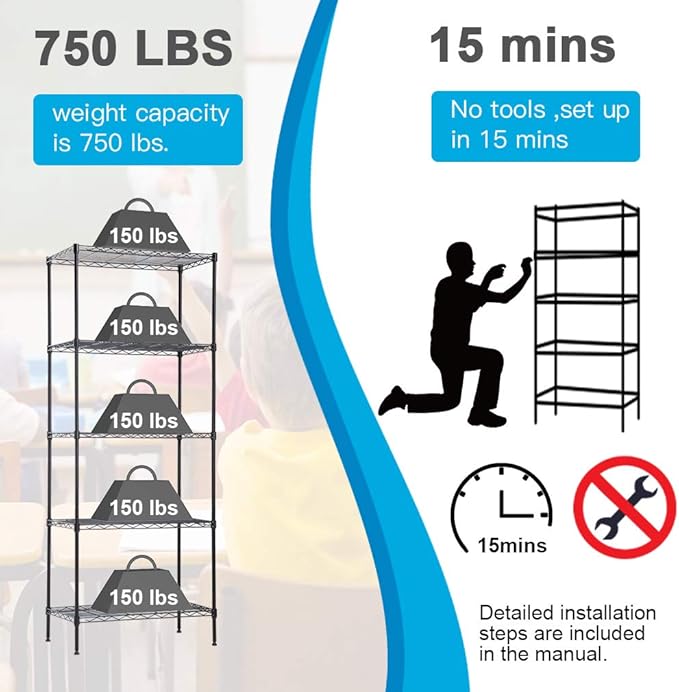BestOffice | 5-Tier Wire Storage Shelves | 14x24x60 | Black| Heavy-Duty Metal Shelf, Holds Upto 750 lbs | No-Tool Assembly | Ideal for Home & Garage Shelving BestOffice