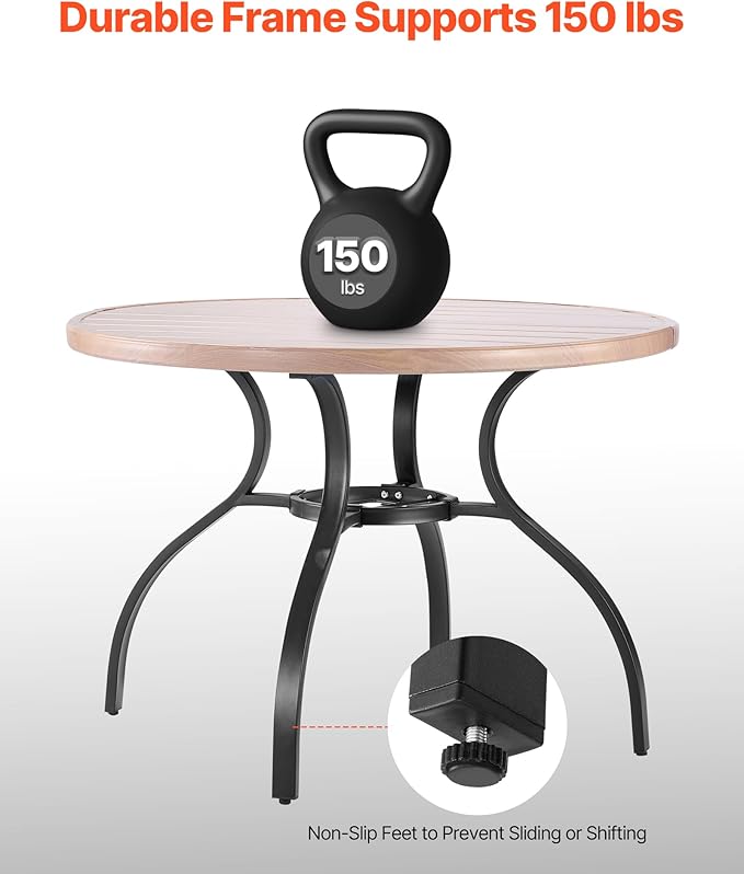 VEVOR Outdoor Patio Dining Table, 41 inch Round Wood-Like Steel Slat Backyard Bistro Coffee Tables for 4, with 1.5 in Umbrella Hole, Outside All-Weather Large Furniture for Lawn Garden Porch VEVOR