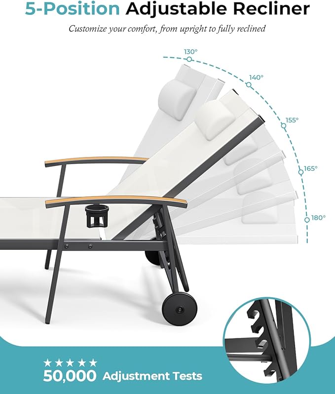 Ciokea Outdoor Lounge Chair with Pillow, 5-Position Aluminum Chaise Lounge with Wheels & Armrests, 400 lbs Heavy Duty Patio Pool Chair for Deck, Backyard, Beach & Poolside, White CIOKEA