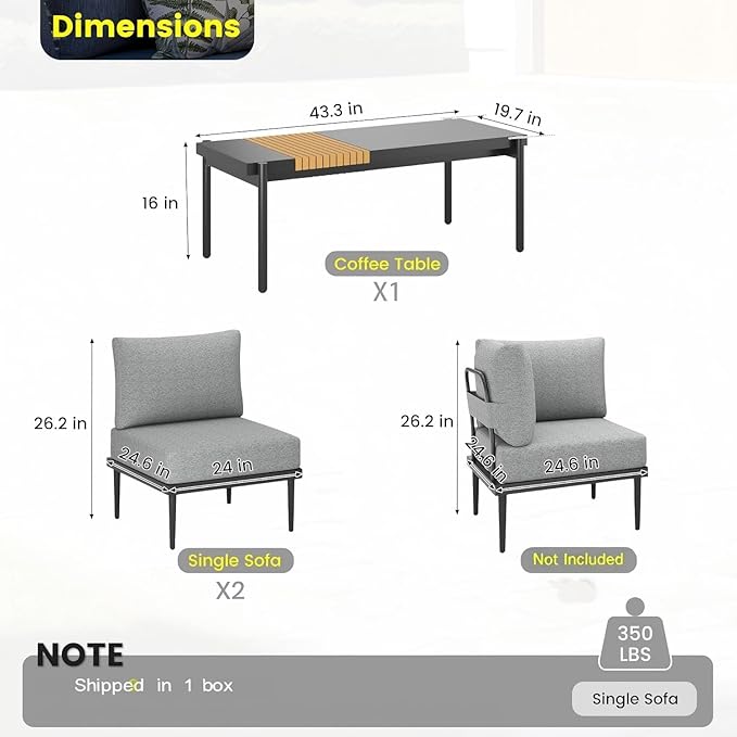 Sundale Outdoor 3 Pieces Patio Furniture Set, Metal Outdoor Sectional Sofa with Coffee Table, All-Weather Modern Outdoor Conversation Sets for Balcony, Porch, Poolside, Sunroom SundaleOutdoor