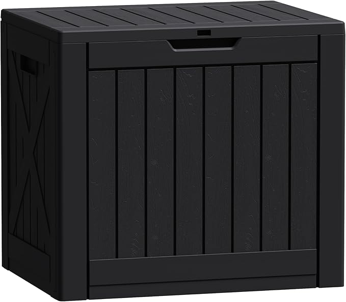 Flamaker Resin Deck Box 40 Gallon Waterproof Outdoor Indoor Storage Box Imitation Wood Resin for Patio Furniture Garden Tools and Pool (Black) Flamaker