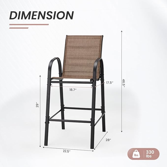HOMREST Outdoor Bar Height Stools Set of 4,High Back Patio Chairs with Armrests,Textilene Chairs with Breathable Fabric & Metal Frame for All Weather,Brown HOMREST