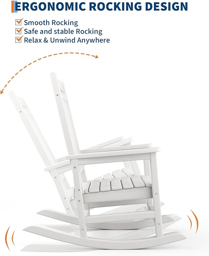 GarveeLife Poly Lumber Rocking Chair Outdoor Set of 6 - HDPE High Back Porch Rocker Chairs for Adults - All Weather Resistant Furniture for Patio - White GarveeLife