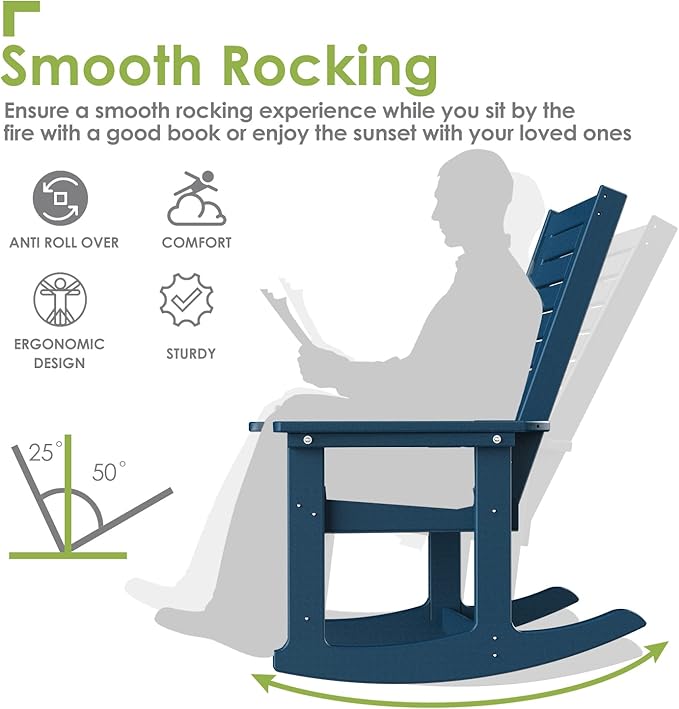 GREENVINES Outdoor Rocking Chairs | Porch Rocker | HDPE Plastic | Blue | Oversized Rockers | High Back | Big & Tall | Ladder Back | for Patio Outside Backyard Balcony Garden GreenVines