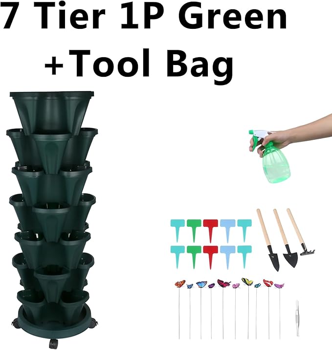 GameXcel Vertical Planter, 7 Tier Stackable Strawberry Planter with Garden Tool Set, Movable Indoor/Outdoor Garden Herb Pot for Growing Vegetables and Succulents, Green GameXcel