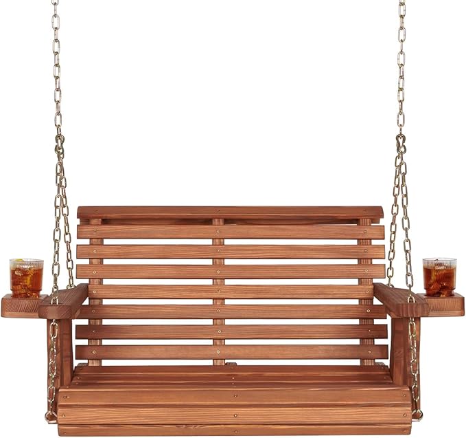 Amish Casual 3 Foot Roll Back Porch Swing with Cup Holders in Cedar Stain - Amish Made in The USA from Treated Pine Heavy Duty 700 Lb. Weight Capacity AmishCasual