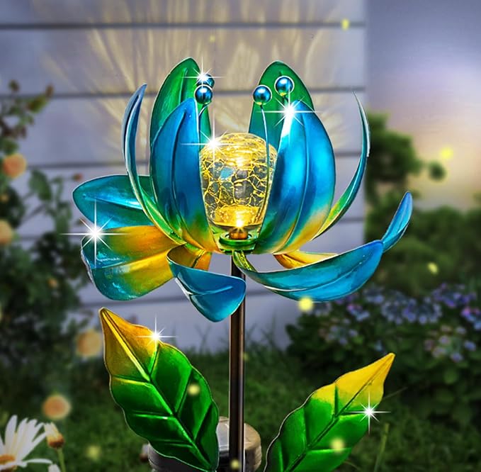 Solar Yard Lights Wind Spinners- Metal Lotus Flower Garden Decor LED Crackle Glass Globe Yard Art Sculpture Solar Stake Lights for Patio Pathway Lawn Walkway SUCUY