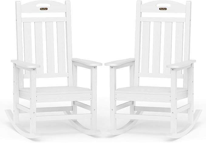 Oversized Rocking Chairs Outdoor Set of 2, High Back Porch Rocker Chair, HDPE All Weather Resistant Rocking Chairs for Patio, 380lbs Weight Capacity, White Suunyn