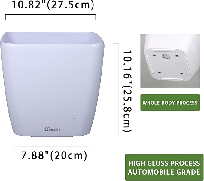 Dexceder 11x10 Self Watering Planter Indoor Outdoor, Inner Mat Design, Thickened Table Flower Plant Pot with Water Level Indicator (White High Gloss) Dexceder