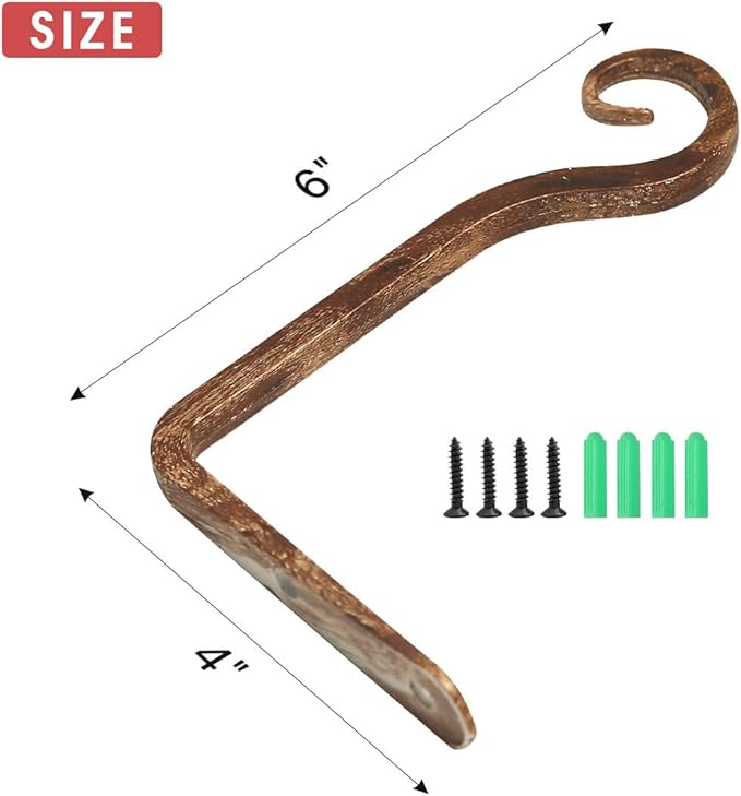 Jardim 2 Pack 6 Inch Premium Decorative Metal Iron Wall Hook, Indoor Outdoor Plant Hanger, Rustic Hanging Gardening Bracket Hook, for Planters, Bird Feeders, Lanterns, Wind Chimes (Coffee) Jardim