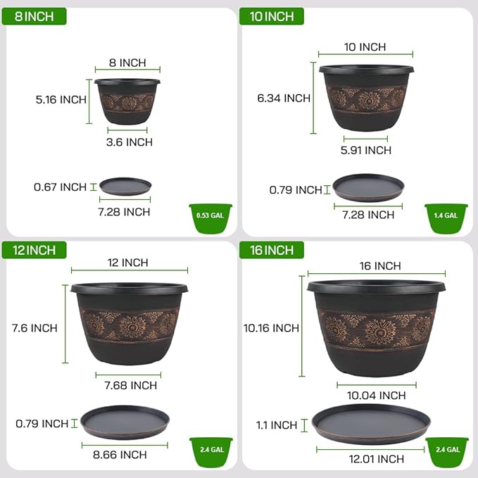4 Pack 16 inch Plant Pots, Retro Pattern Planters with Drainage Holes and Saucer, Sturdy Plastic Garden Flower Pots for Indoor & Outdoor Plants Usocik