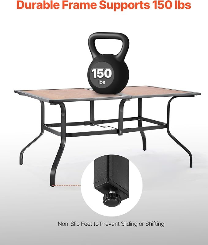 VEVOR Outdoor Patio Dining Table, 59 inch Long Rectangular Wood-Like Steel Slat Backyard Bistro Tables for 4-6, with 1.5 in Umbrella Hole, All-Weather Large Furniture for Lawn Garden Porch, Brown VEVOR