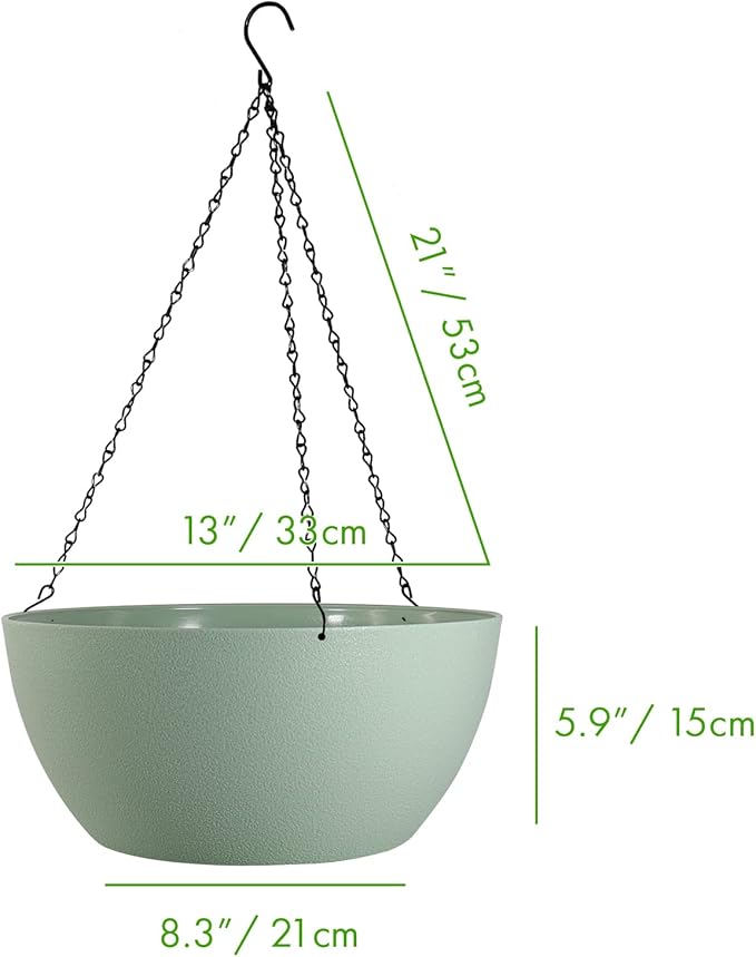 13 inch Large Hanging Planters Plant Pots for Outdoor Indoor Plants with Drainage Holes and Chain, 2 Pack Round Hanging Flower Pots for Garden Home Porch Decor, Green WSMKSZ