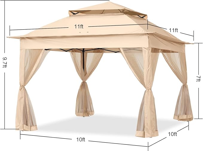 COOSHADE 11x11Ft Easy Pop Up Gazebo Tent Instant Outdoor Canopy Shelter with Mosquito Netting Walls(Khaki) COOSHADE