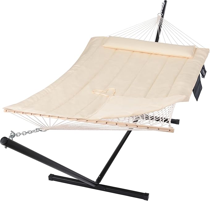 SUNCREAT Two Person Hammock with 12ft Stand Included, Max 475lbs Capacity, Heavy Duty Free Standing Hammock, Beige SUNCREAT