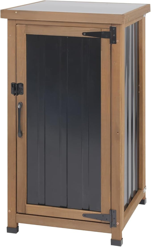 Small Outdoor Storage Cabinet Weatherproof, Wood Garden Potting Bench Table with Removable Shelves, Metal Top, Outdoor Cabinet Work Station for Patio, Backyard, Brown,17.9''x17.9''x33.5'' MAGAZOOPET