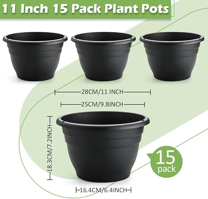 15 Pack 11 Inch Plant Pots with Drainage Holes,Black Plastic Flower Pots with Hanging Holes,Durable Planters for Indoor & Outdoor Plants,Nursery Pots RooTrimmer