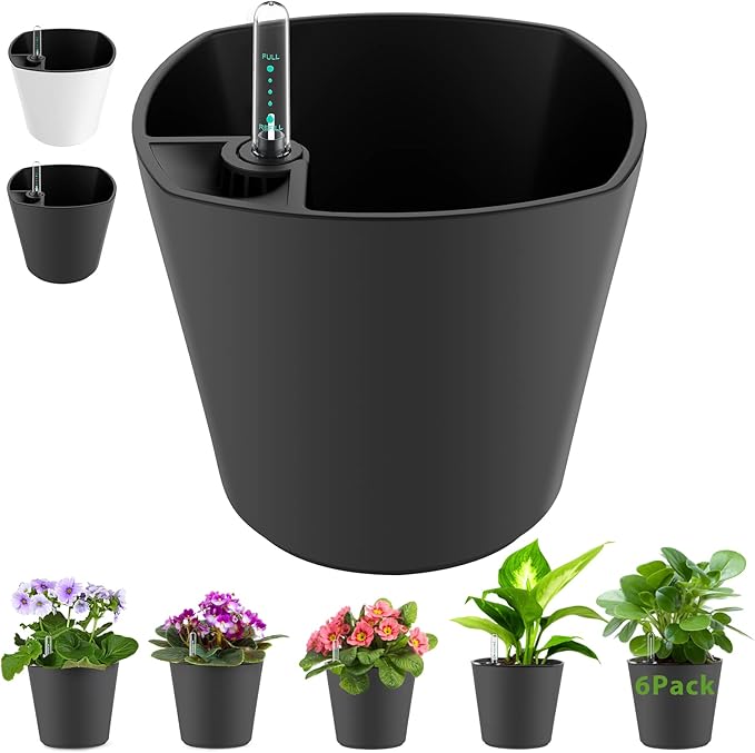 Self Watering Planters for Indoor Outdoor Plants 7 inch Flower Pot with Water Level Indicator Grey 6 Pack African Violet Self Watering Pots for All Orchid agave etc. House Plant Plastic Planter GsGardenSpecialty