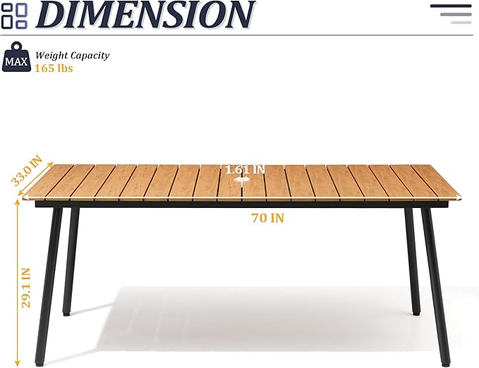 70" Patio Outdoor Dining Table for 4-6, Weather-Resistant Wood-Grain Top with Aluminum Frame & Umbrella Hole for Deck Gatherings, Brown VredHom