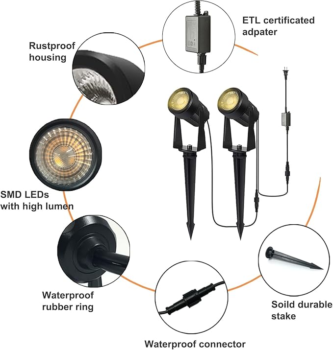 SUNTHIN Outdoor Landscape Lighting, 10 Pack Outdoor Spot Lights with Transformer for Yard, Plant, Lawn, Tree, Flags, House, Garden, Fence Use, IP65 Waterproof & Connectable SUNTHIN