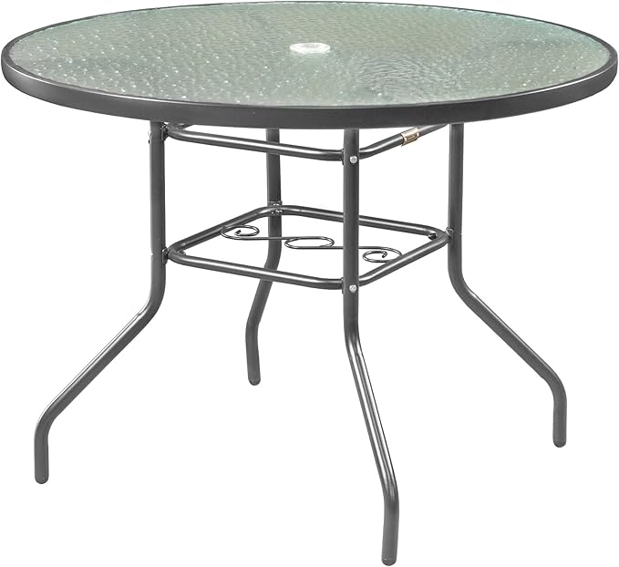 Garden Elements Outdoor Patio Furniture, Round Dining Table, Steel Base and Rim with Water-Wave Glass Top, Grey, 40" GardenElements
