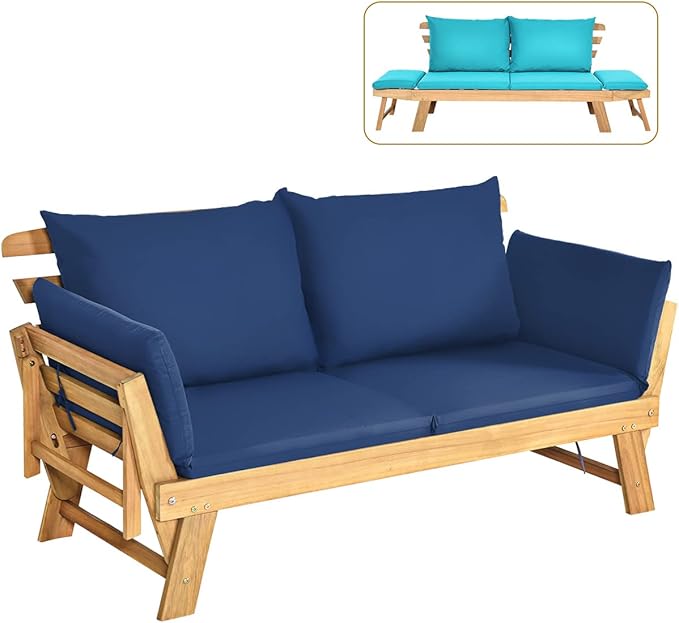 Tangkula Acacia Wood Patio Convertible Couch Sofa Bed with Adjustable Armrest, Outdoor Daybed with Cushion & Pillow, Turquoise & Navy Cushion Cover Sets, Folding Chaise Lounge Bench Ideal for Porch TANGKULA