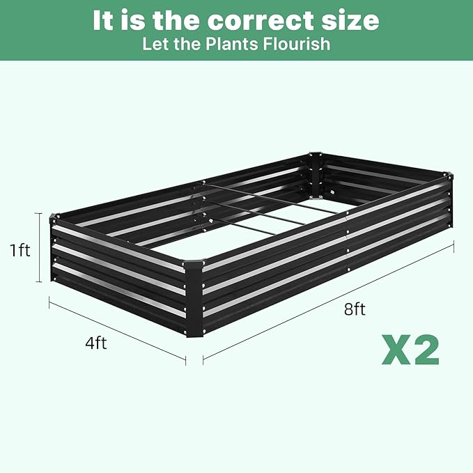 2 Pack 8×4×1ft Galvanized Metal Raised Garden Bed, Metal Planter Kit Box Outdoor for Deep-Rooted Vegetables, Flowers, Green and Herbs SONFILY