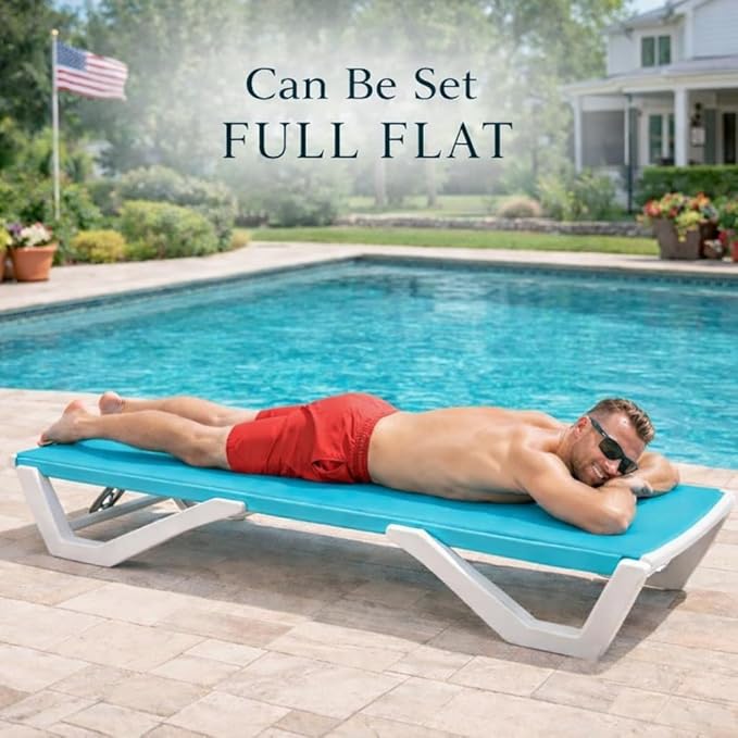 Kozyard Outdoor Chaise Lounge Chair, Full Flat Adjustable Patio Lounger with Aluminum Frame & Resin Legs, Textilene Fabric for Poolside, Backyard & Beach (Aqua/WhiteFrame, 2Chairs + Table) Kozyard