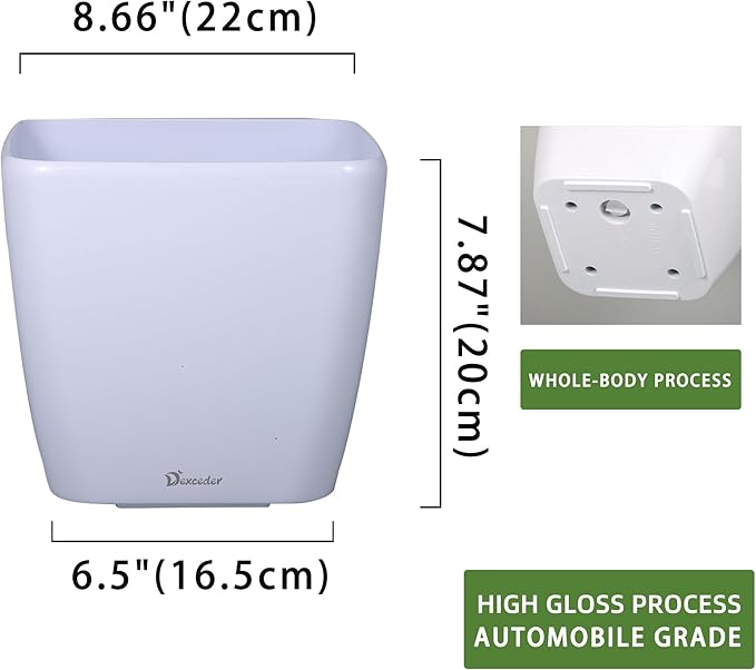 Dexceder 9x8 Self Watering Planter Indoor Outdoor, Inner Mat Design, Thickened Table Flower Plant Pot with Water Level Indicator (White High Gloss) Dexceder