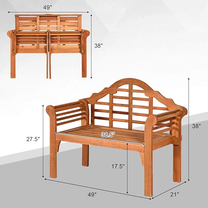 Giantex Outdoor Wood Bench, 4 Ft Foldable Eucalyptus Garden Bench, Two Person Loveseat Chair Solid with Curved Backrest and Armrest Ideal for Patio, Porch or Balcony (Teak) Giantex