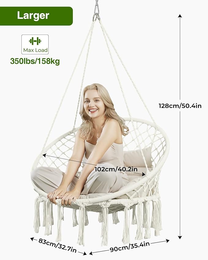Greenstell Hammock Chair, Macrame Swing Chair with Comfy Cushion, Boho Hanging Chair for Outdoor & Indoor, Perfect for Bedroom, Patio, Balcony, Hold up to 350Lbs, White Greenstell