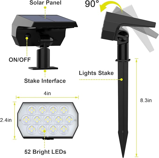 Solar Spot Lights Outdoor Waterproof IP65, [6 Pack/52 LED] 2-in-1 Solar Landscaping Spotlights, 3 Lighting Modes Solar Powered Garden Flood Light for Patio Pathway Driveway Yard Pool (Cool White) FratinkSolarLights