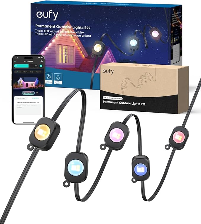 eufy Permanent Outdoor Lights E22, 100ft+ 50ft kit (Total 150ft) with 90 Triple-LED Lights, Smart RGBWW, Up to IP67 Waterproof, AI Light Themes for Halloween, Christmas, Works with eufy Cams, Black eufy