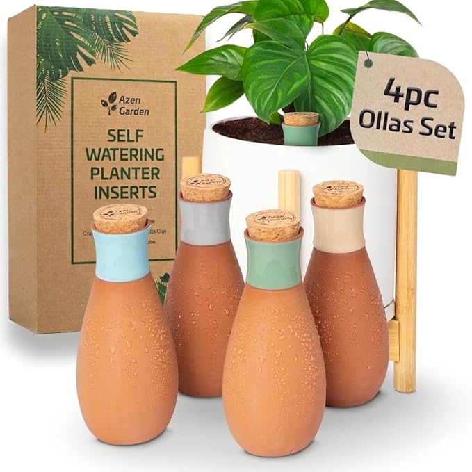 Ollas Plant Watering Globes - Terracotta Self Watering Planter Insert - Automatic Water Bulbs for Indoor/Outdoor Plants - Easy Refill System - Set of 4 AzenGarden