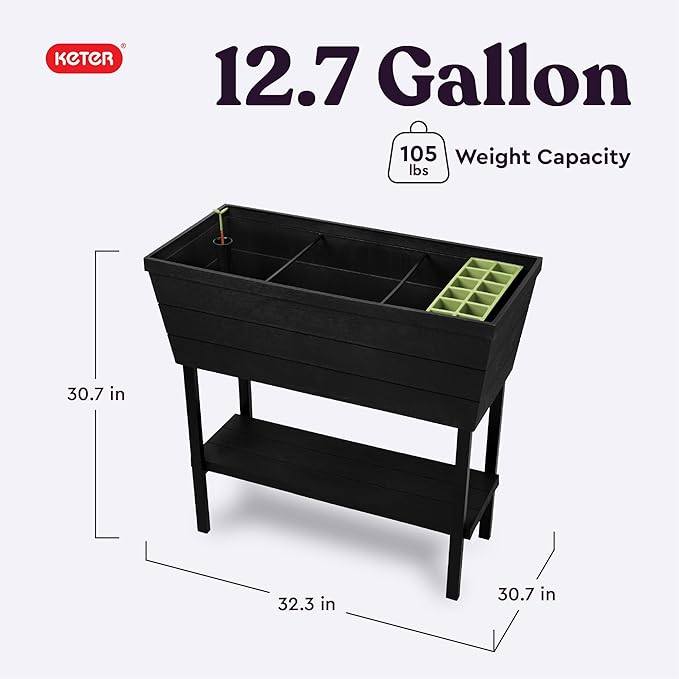 Keter Urban Bloomer 12.7‑Gallon Raised Garden Bed – Elevated Outdoor Planter Box with Self‑Watering Reservoir, Water Gauge & Drainage System, Perfect for Herbs & Vegetables, Dark Grey Keter