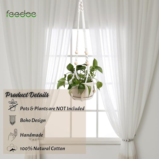 feedee Macrame Plant Hanger, Hanging Planters for Indoor Plants Holder with Wood Beads, Hanging Plant Holder for Indoor Outdoor, Gifts for Plant Lovers, Boho Home Decor Plant Hanger, Ivory Feedee
