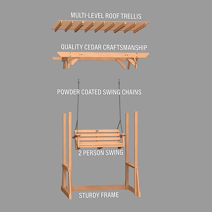 Backyard Discovery Callahan 8' x 5' Cedar Wood Outdoor Patio Pergola Swing Bench with Trellis, Two-Person Seating, Chains, Water Resistance, 600 Lb Weight Capacity for Porch, Patio, Deck, Garden BackyardDiscovery